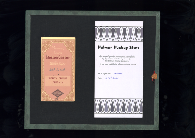 Picture, Helmar Brewing, Hockey Icers Card # 13, Percy Traub, Standing, hockey stick, luggage, Portland Rosebuds